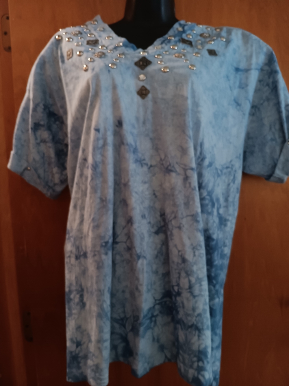 Women's Blue Tie-Dye Short Sleeve Shirt with Embellished Neckline